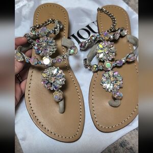 Mystique Boutique Taupe Sandal with Iridescent Crystal Accents (Handmade)